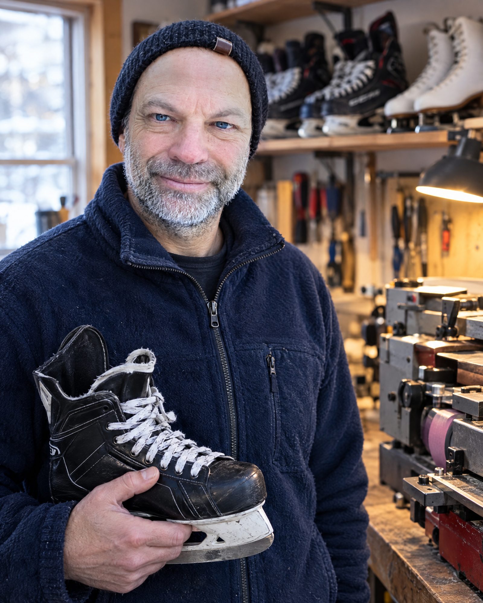 Alex in der Schlittschuh-Werkstatt